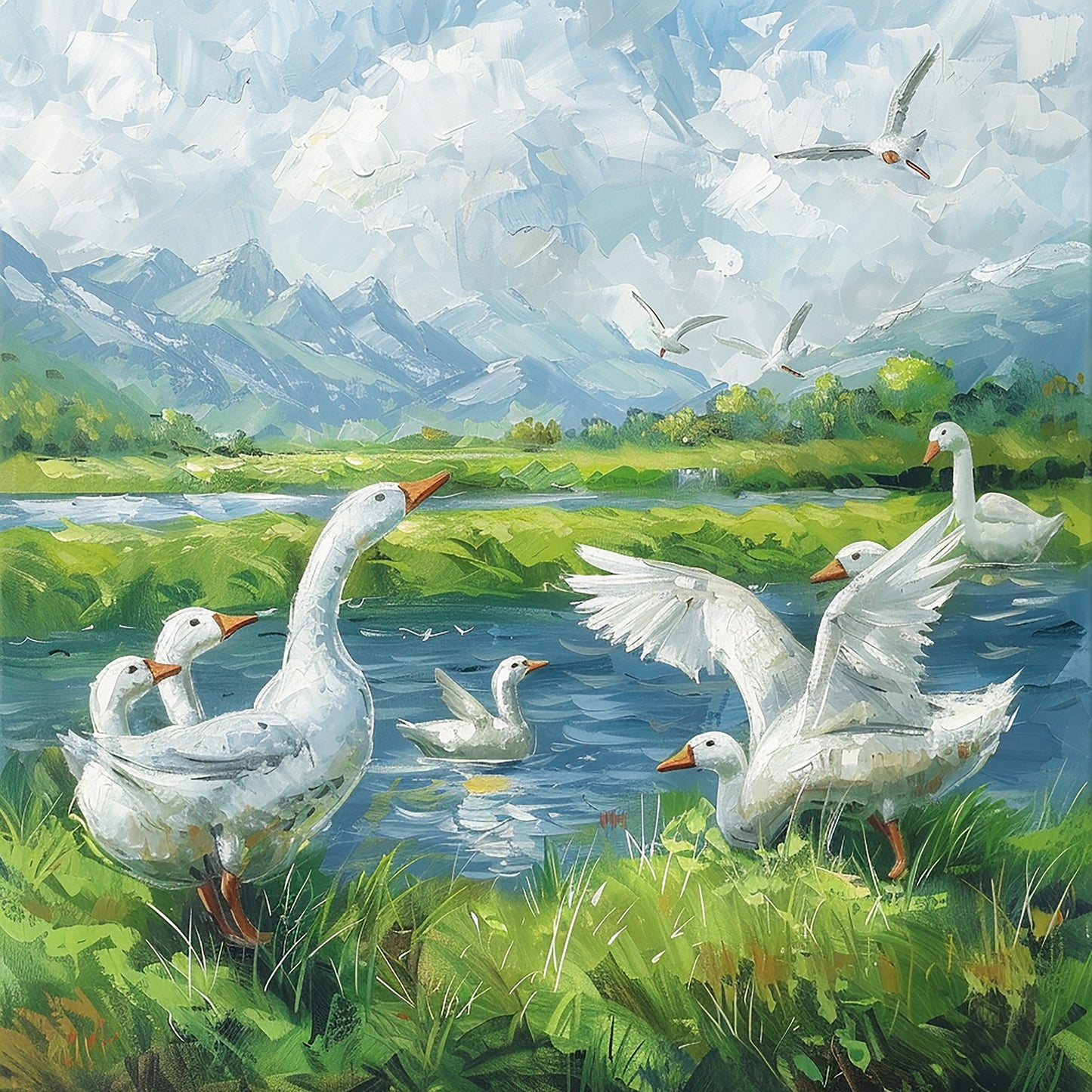 White Geese by the River