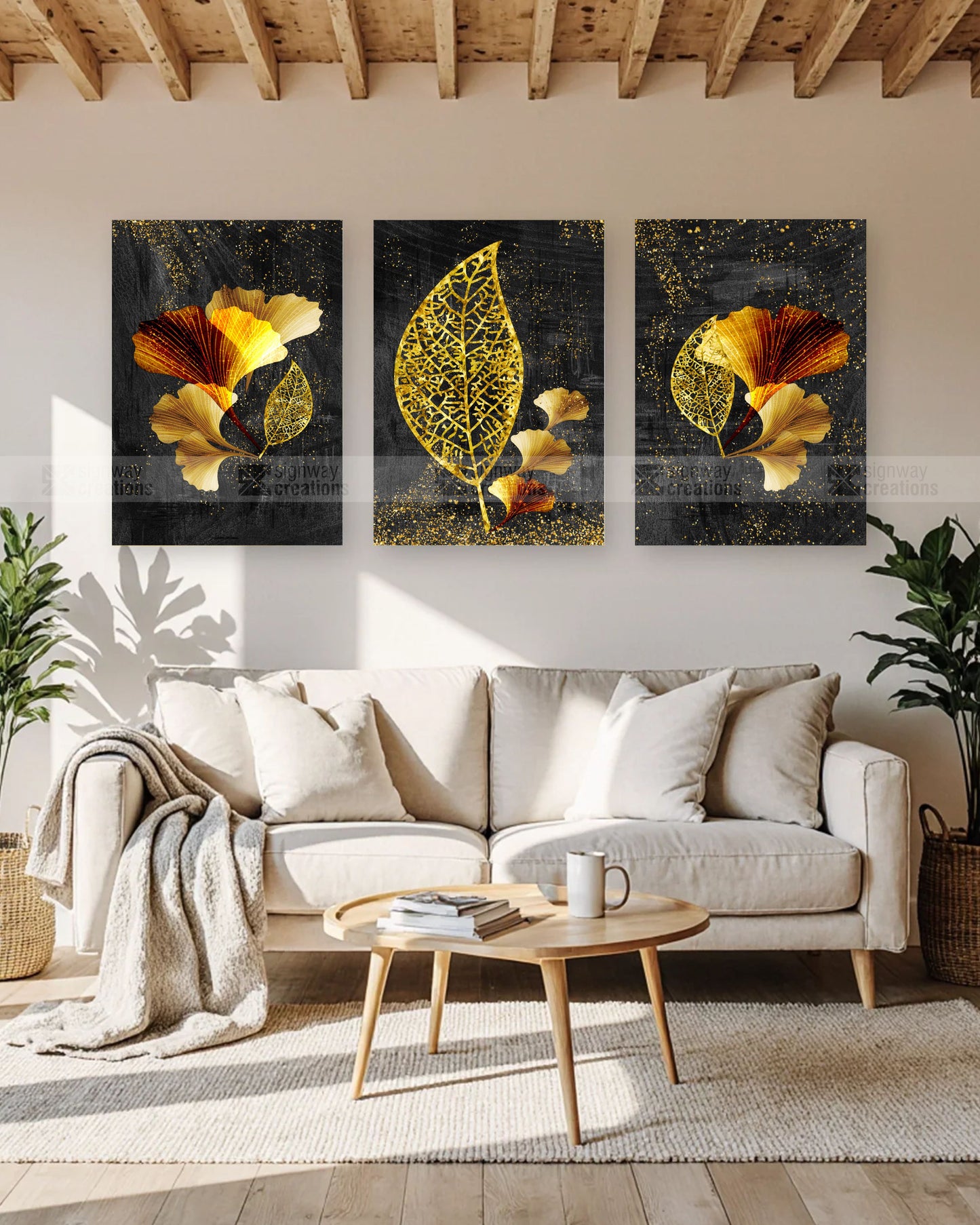 Gold After Dark – Luxury Botanical Canvas Set of 3