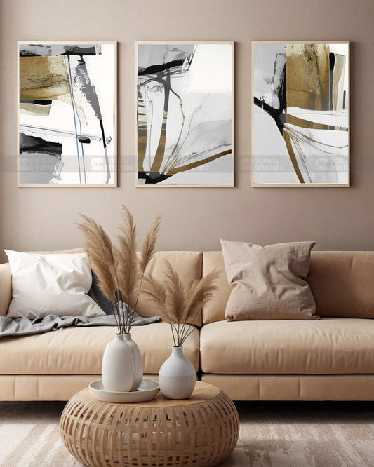 Gold Stroke – Contemporary Abstract Canvas Set of 3