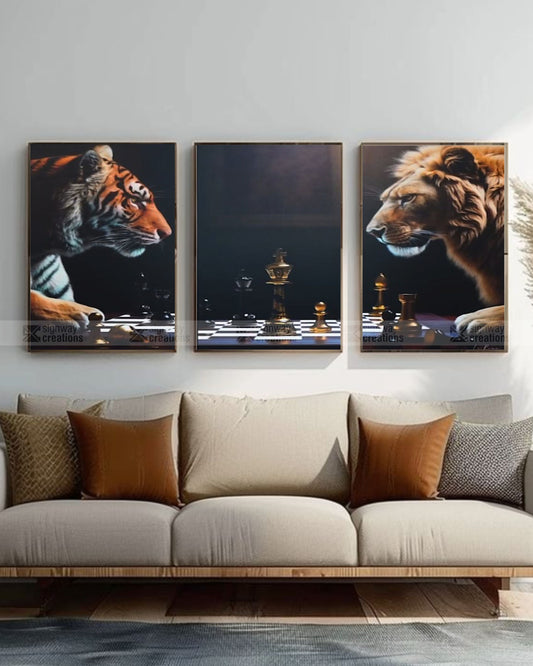 The Grand Game – Lion & Tiger Chess Canvas Set of 3
