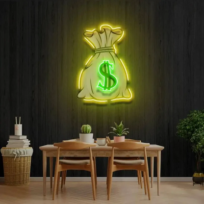 Glow of Prosperity: Neon Money Bag Sign