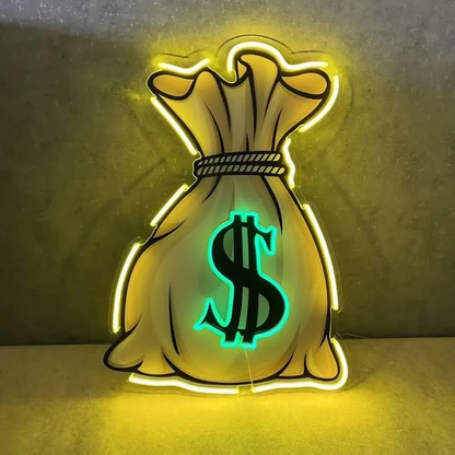 Glow of Prosperity: Neon Money Bag Sign