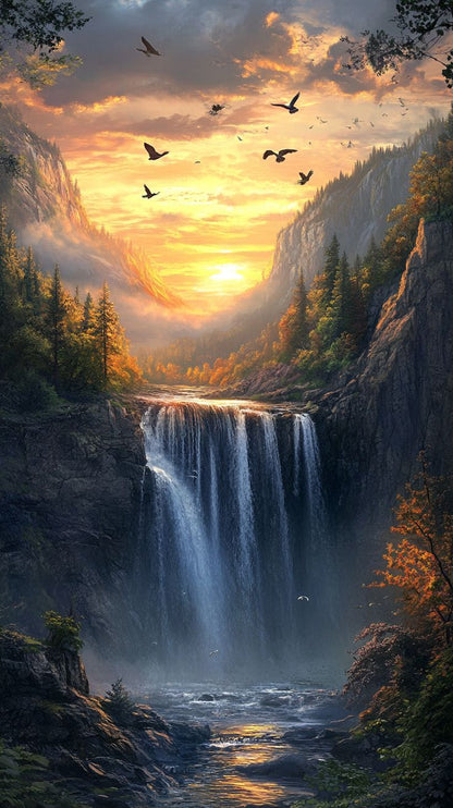Mountain Waterfall Sunset