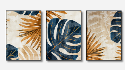 Monstera & Gold – Navy Botanical Canvas Set of 3