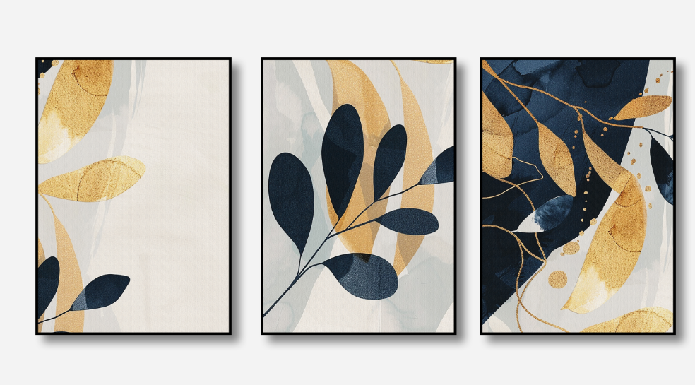 Navy & Gold Leaf – Abstract Canvas Set of 3