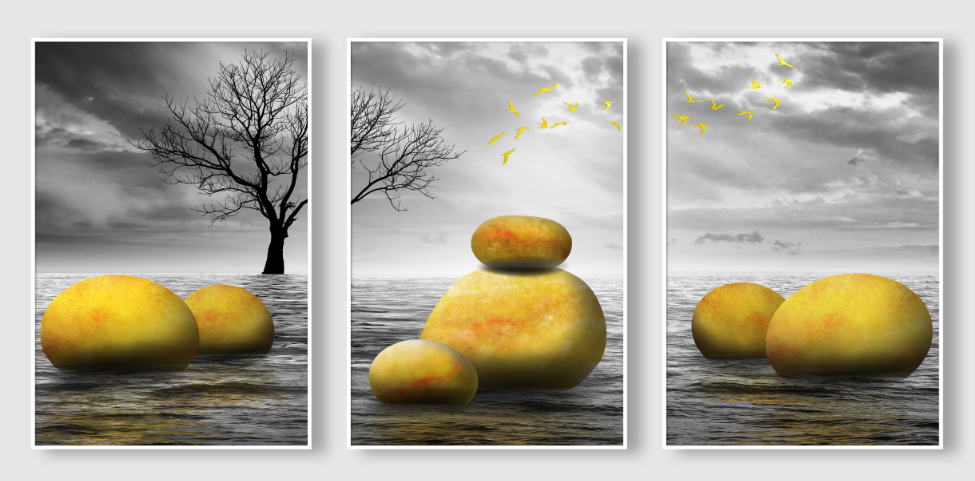 Golden Stones – Zen Surreal Canvas Set of 3
