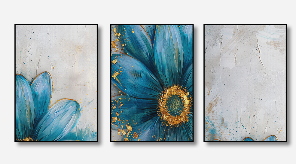 Blue Bloom – Teal & Gold Floral Canvas Set of 3
