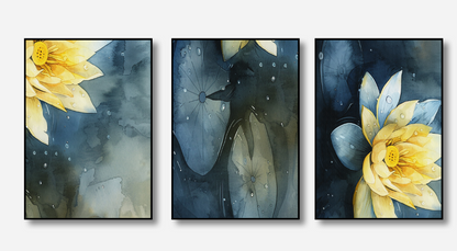 Golden Lotus – Watercolour Canvas Set of 3