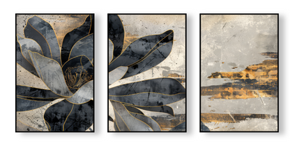Dark Magnolia – Gold Line Art Canvas Set of 3
