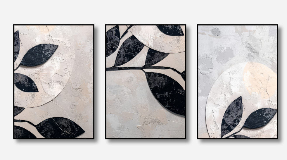 Black Leaf – Monochrome Textured Canvas Set of 3