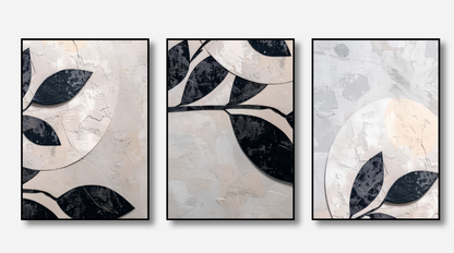 Black Leaf – Monochrome Textured Canvas Set of 3