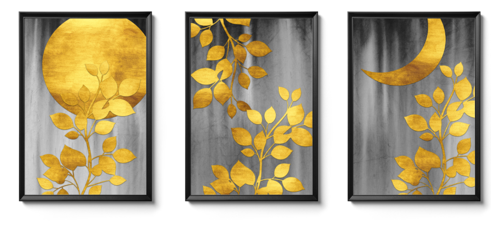 Sun, Leaf & Moon – Gold Botanical Canvas Set of 3