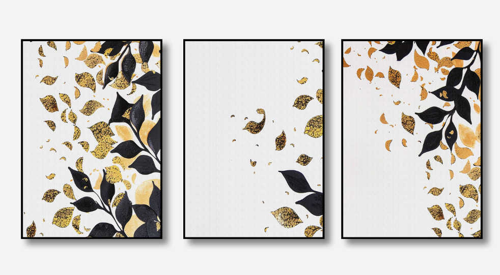Falling Gold – Black & Gold Leaf Canvas Set of 3