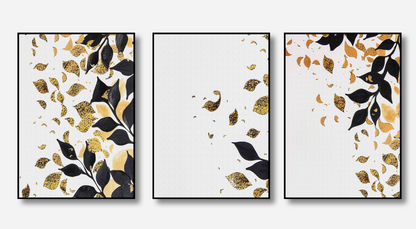 Falling Gold – Black & Gold Leaf Canvas Set of 3