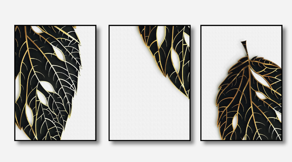 Leaf & Light – Black Gold Canvas Set of 3