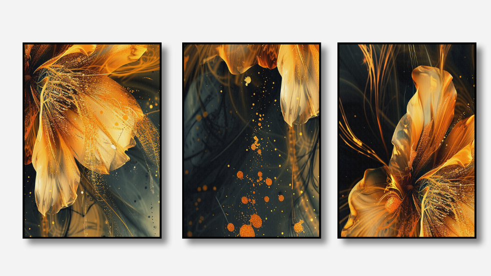Fire Bloom – Gold & Teal Canvas Set of 3