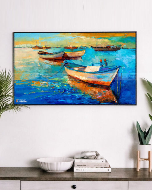 Still Waters – Coastal Boats Oil Painting