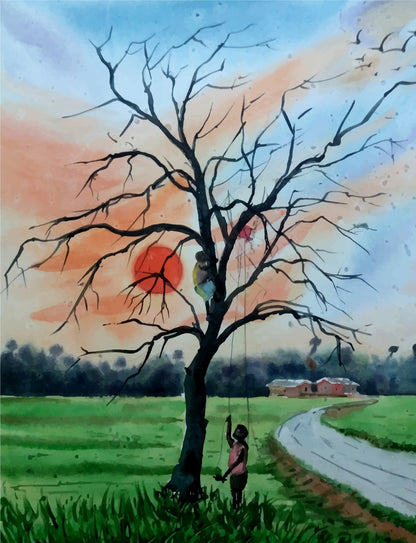 Sunset Landscape Watercolour Canvas Wall Art