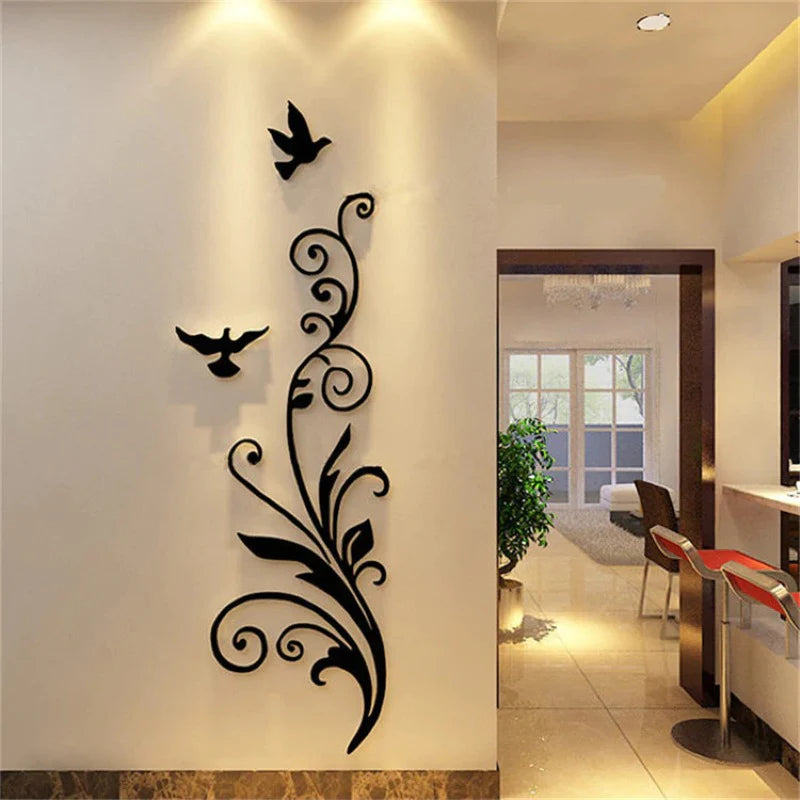 Elegant Black Bird Acrylic Wall Art - Stylish Floral Design for Modern Interiors