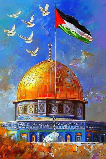 Dome of the Rock with Flag and Doves