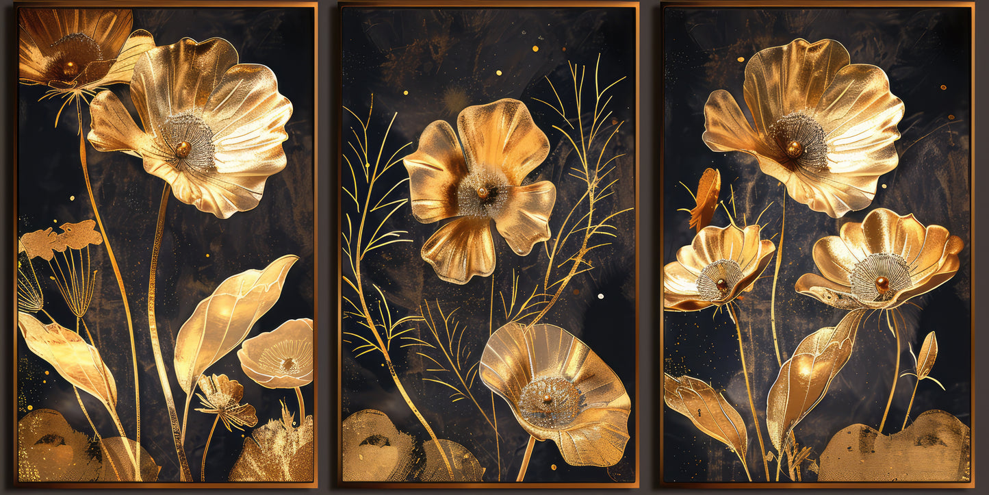 Petals of Gold – Dark Luxury Canvas Set of 3
