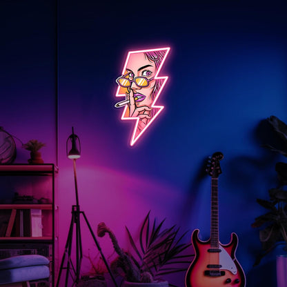 Women Face In Lightning Neon Sign | UV Neon Sign | Acrylic Led Neon Sign