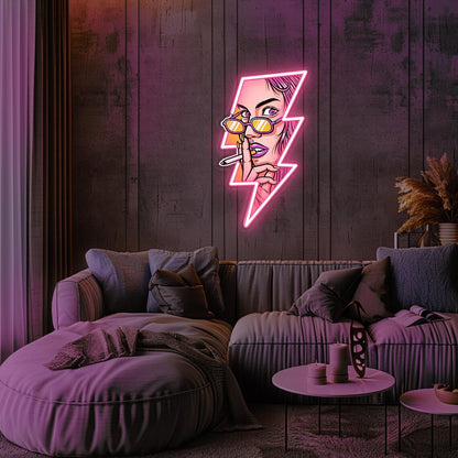 Women Face In Lightning Neon Sign | UV Neon Sign | Acrylic Led Neon Sign