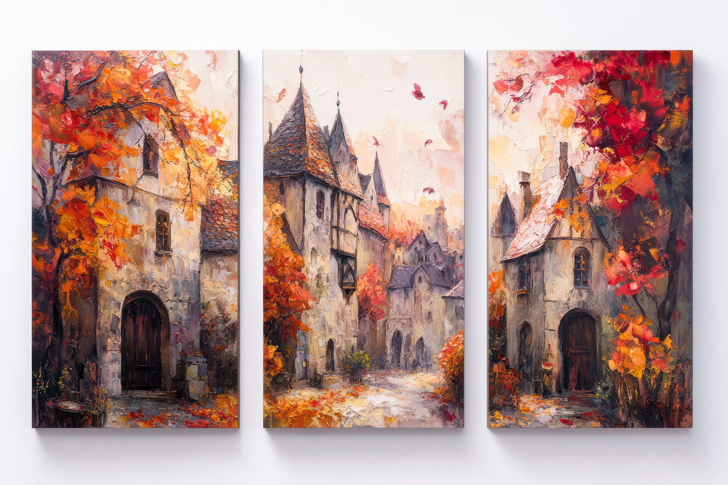 The Autumn Village – European Landscape Canvas Set of 3