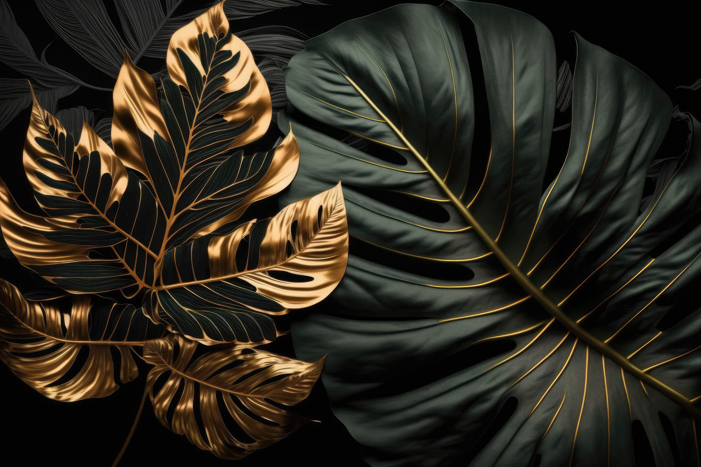 Dark Green & Gold Monstera Leaves