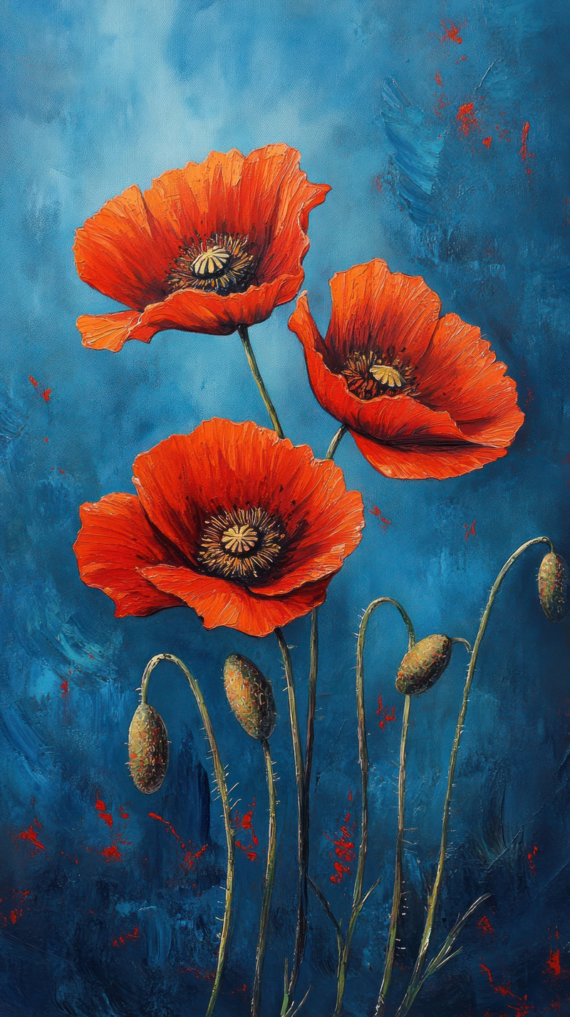 Crimson Poppies on Azure: A Vibrant Floral Canvas Print